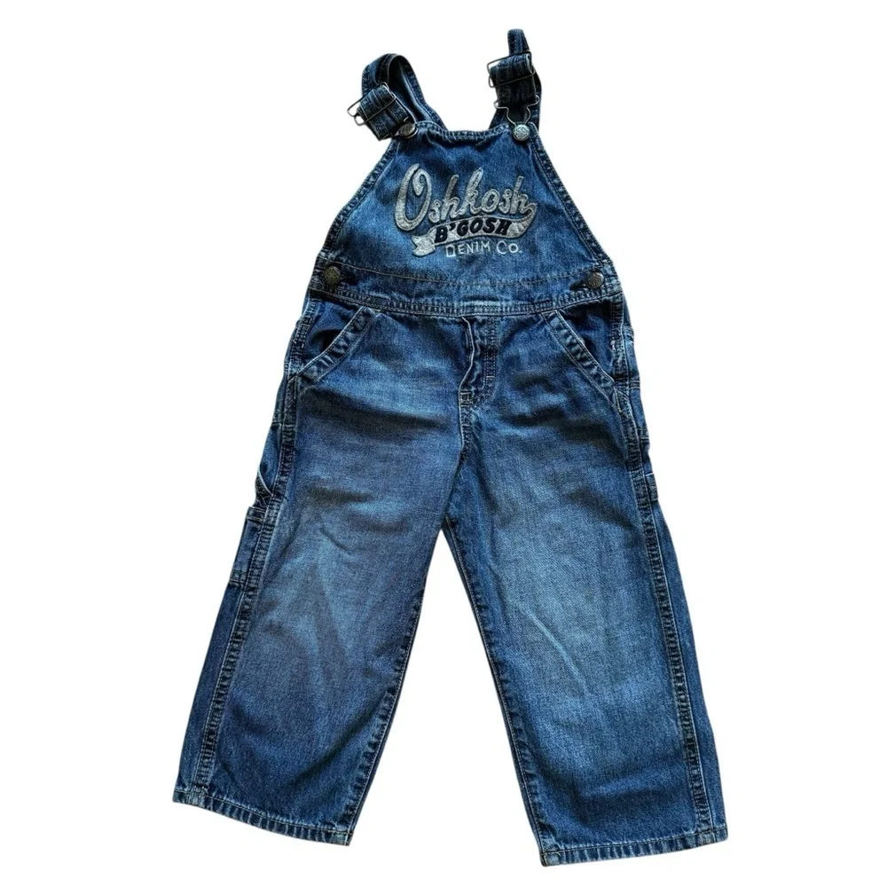 Y2K Oshkosh Blue Denim Jean Overall Logo Toddler Boy Girl 2T